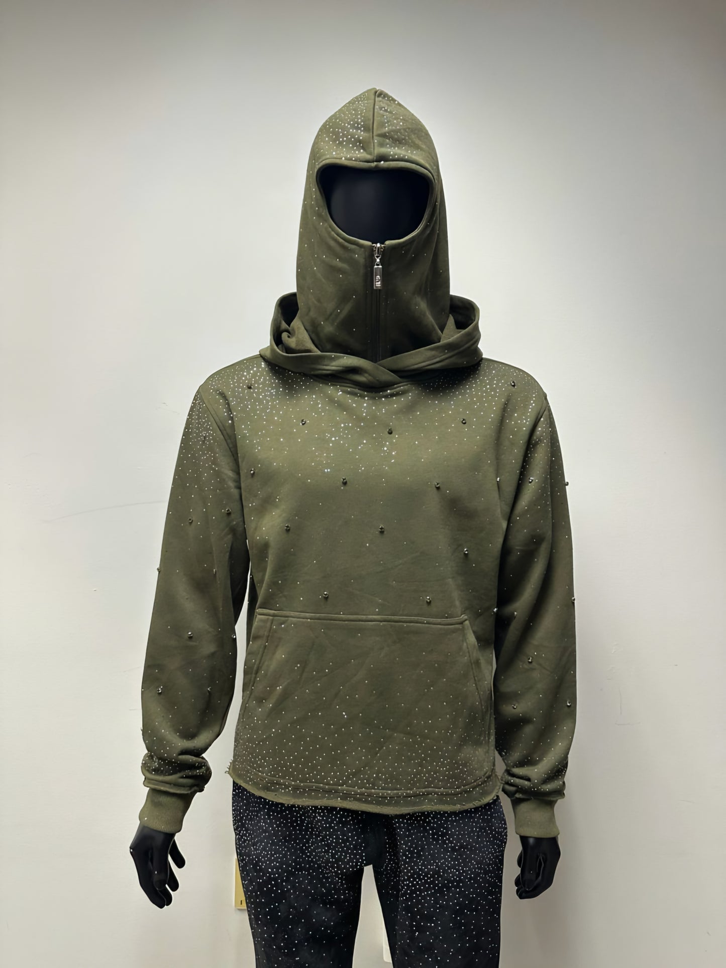 BKYS VVS Flooded Rhinestone Hoodie With Ski Mask Attached (Olive)