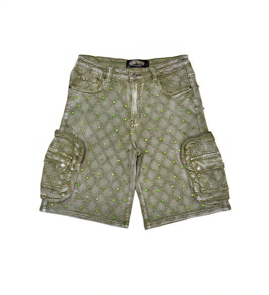 Vicious Embellished Rhinestone Denim Shorts (Green)