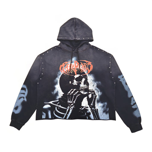 Rare Peace Bad Habits Washed F. Terry Cut Off Hoodie w/ Rhinestones