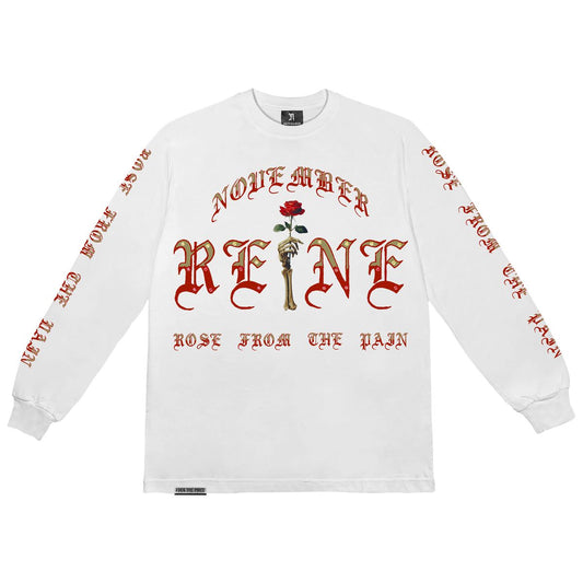 November Reine Rhinestone Rose From The Pain Luxury Heavyweight Long Sleeve T-shirt (White)