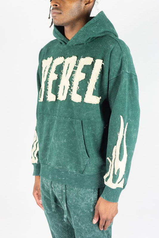 Rebel Minds Flames Acid Wash Hoodie (Green)