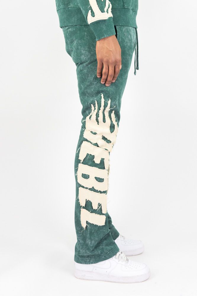 Rebel Minds Flames Acid Wash Stacked Sweatpants (Green)