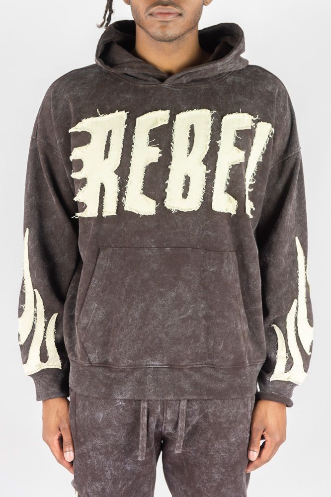 Rebel Minds Flames Acid Wash Hoodie (Chocolate)