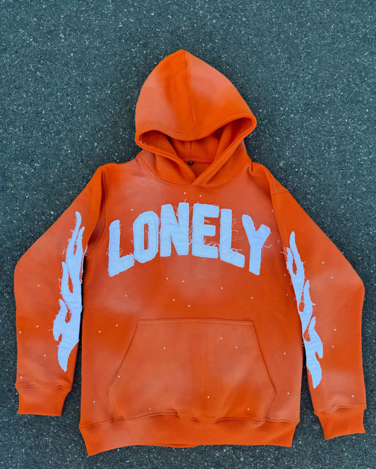 Lonely Hearts Club Distressed Rhinestone Hoodie (Orange)