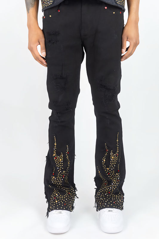 Rebel Denim Firefest Rhinestone Studded Stacked Denim (Black)