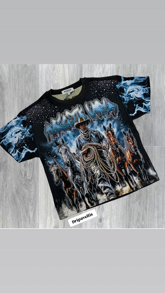 Majestik Never Runs Out Tapestry Rhinestone T-shirt