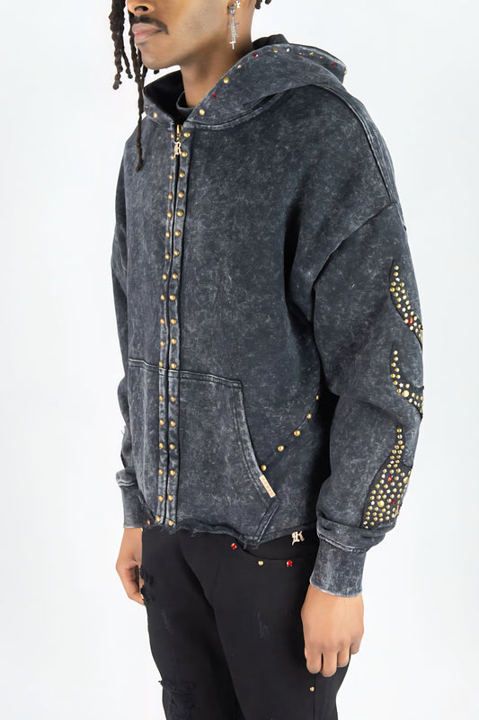 Rebel Denim Firefest Full Zip Premium Rhinestones & Studded Hoodie (Black)
