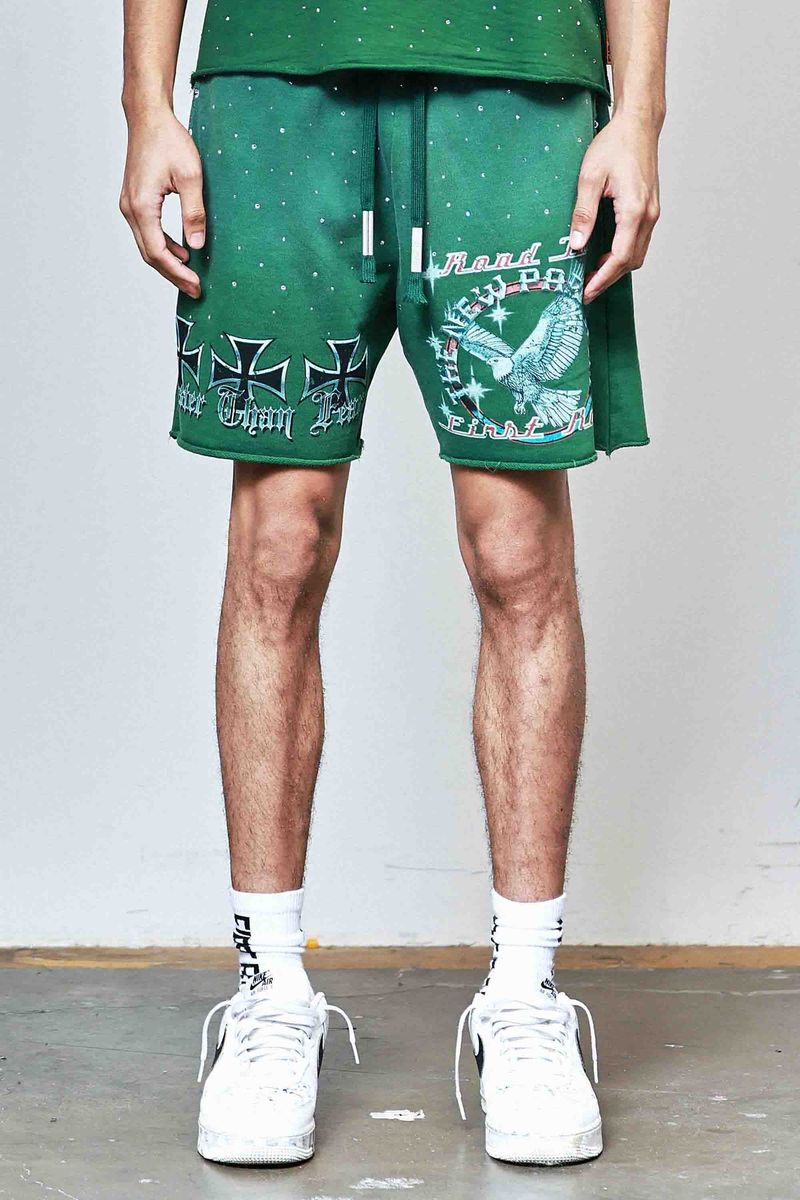 First row Iron Faith Cropped Rhinestone Shorts