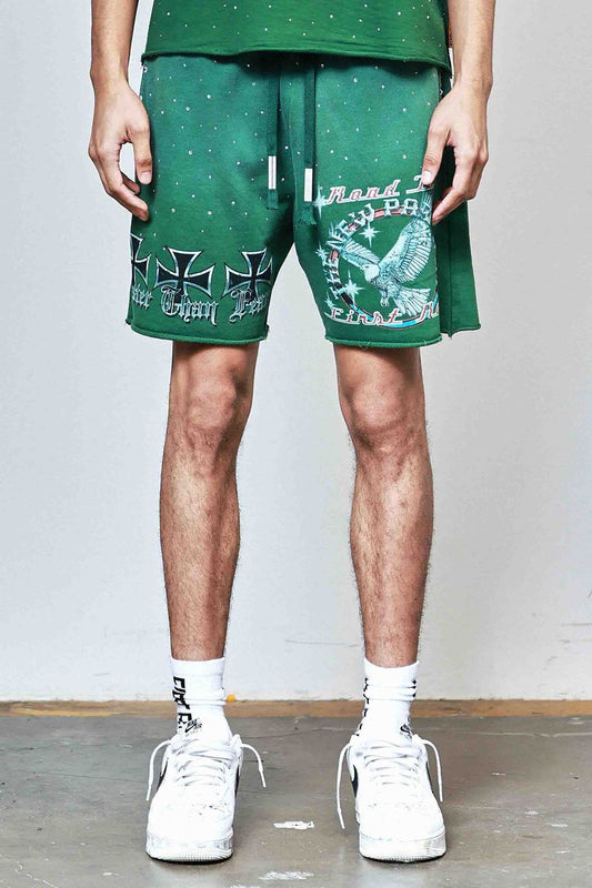 First row Iron Faith Cropped Rhinestone Shorts