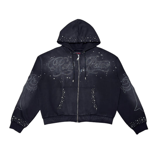 Rare Peace Washed & Embossed Zip Hoodie w/ Paint & Rhinestone Details