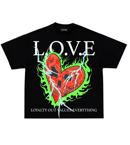 L.O.V.E  Green Flame Heart T-shirt